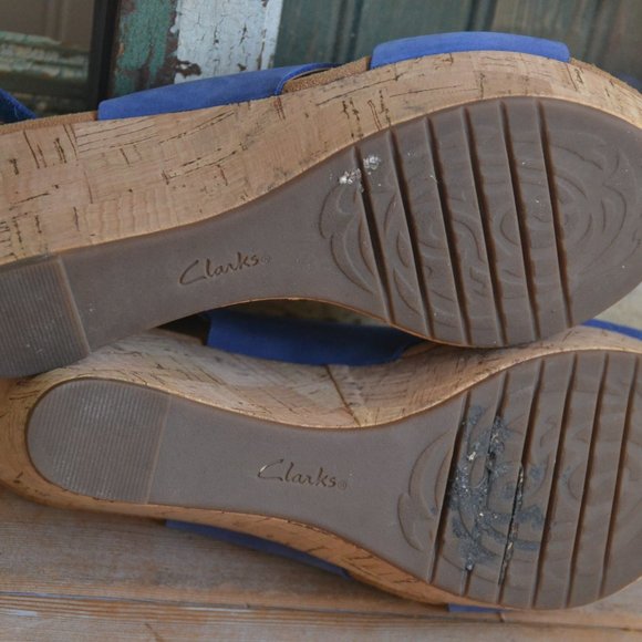 CLARKS Artisan Slingback Blue Leather Wedge Cork Platform Sandals 6.5 6 1/2 - Picture 5 of 8